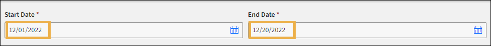 Report Start and End date fields with yellow highlight box around them.